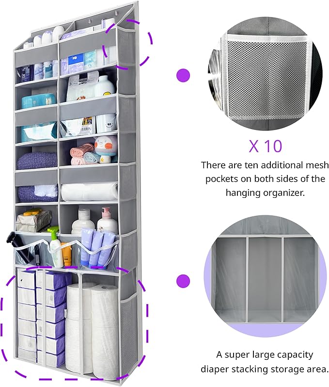 Extra Large Over The Door Organizer with Clear Pockets - 8 Compartments & XL Bottom Storage, Heavy-Duty Hanging Organizer for Bathroom, Bedroom, Closet (57 Inch Height,Grey).