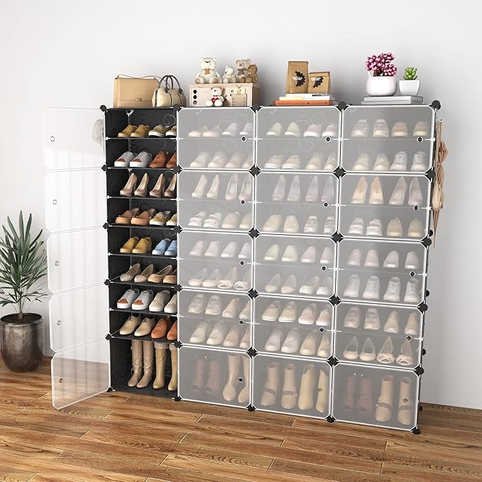 Portable Shoe Rack Organizer with Door, 80 Pairs Shoe Storage Cabinet Easy Assembly, Plastic Adjustable Shoe Storage Organizer Stackable Detachable Free Standing DIY Expandable 10 Tier Black-NeatNest