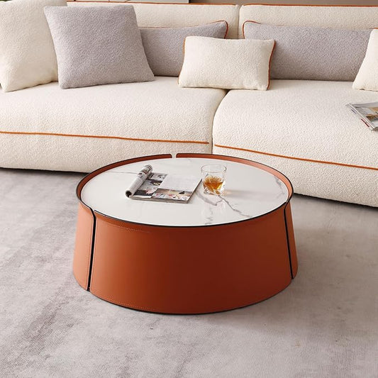 KEVINSPACE Coffee Table, Faux Marble & Orange, Modern Coffee Table for Living Room Mid Century Round Coffee Table for Living Room Furniture White Nesting Table Waiting Area, Bedroom, Office ø31.49