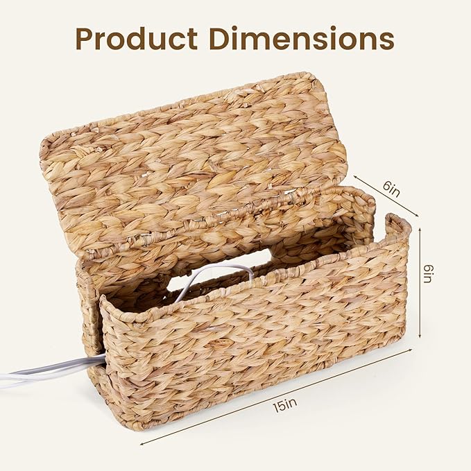 Cable Management Box Water Hyacinth Cable Organizer Box and Power Strip Box for Electrical Cord Management Desk Cord Hider and Floor Cable Management