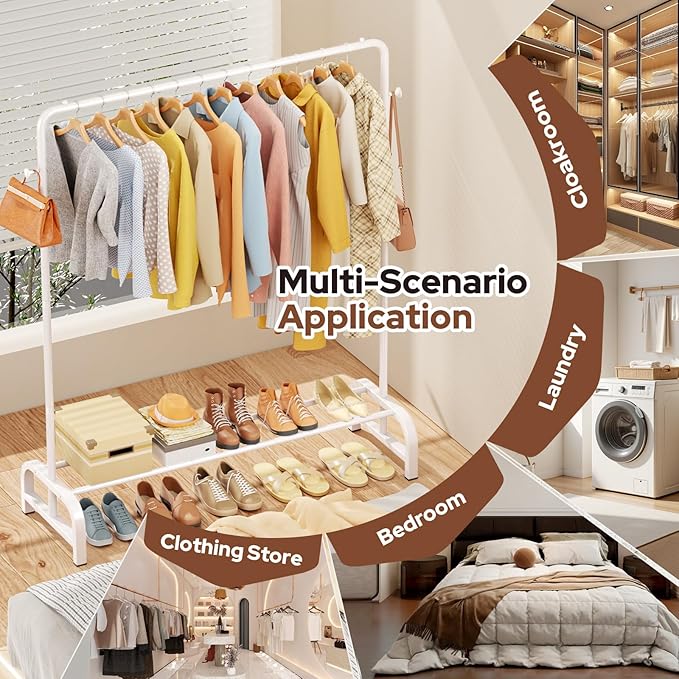 Clothes Rack With Storage Shelves: Metal Clothing Rack for Hanging Clothes, Garment Rack for Bedroom, Laundry, Living Room, White-NeatNest