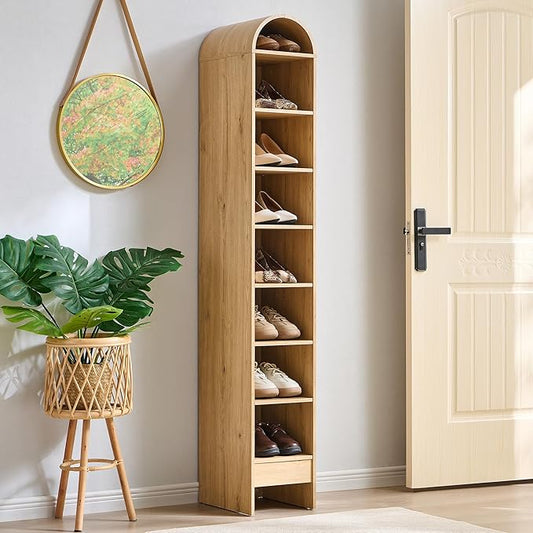 67" Tall Arched Shoe Storage Cabinet, 8 Tiers 8 Pairs Wooden Shoe Rack with 3 Adjustable Shelves, Freestanding Shoe Closet Shelf Organizer for Entryway, Hallway, Living Room (Natural)-NeatNest