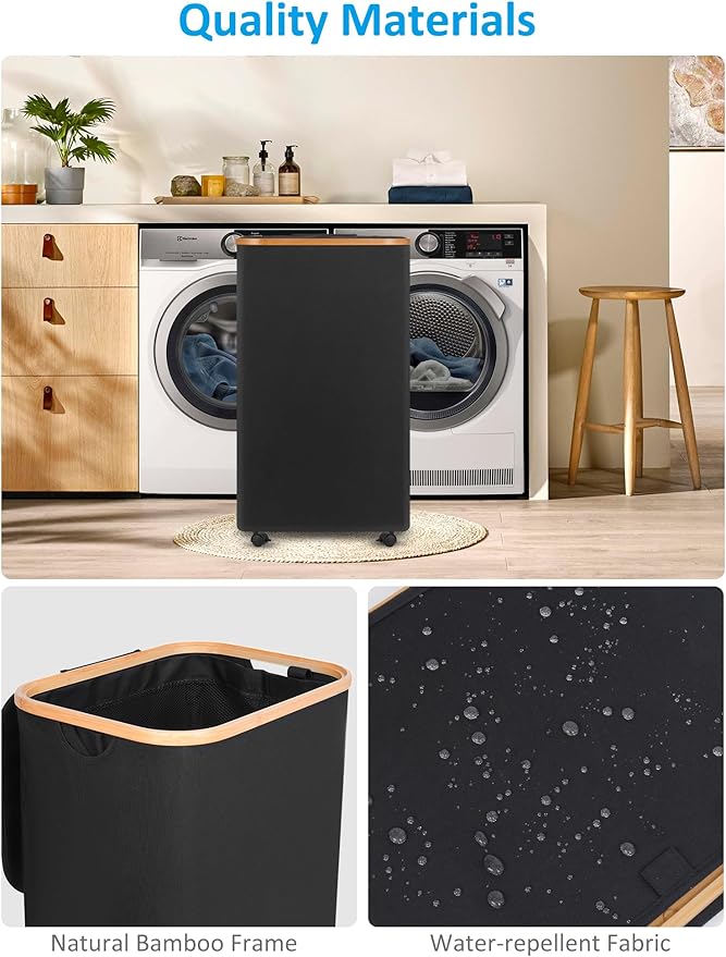 efluky Laundry Basket with Wheels, Tall Rolling Laundry Hamper with Lid and Removable Bag, Aesthetic Dirty Clothes Hamper on Wheels for Laundry Room, Bedroom, Dorm and Bathroom, 100L Black-NeatNest