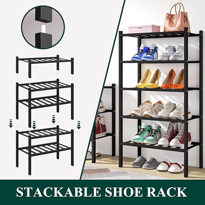 Smiry Shoe Rack, 2 Tier Small Bamboo Shoe Organizer, Stackable Free Standing Wooden Shoe Storage Shelf for Closet, Entryway, Front Door Entrance, Black-NeatNest