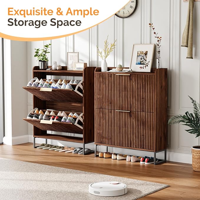 VINGLI Fluted Shoe Cabinet Storage for Entryway,Hidden Shoes Storage Cabinet with 2 Flip Drawers, Mid Century Modern Shoe Rack Organizer,Free Standing Shoes Organizer for Hallway(Dark Walnut)-NeatNest