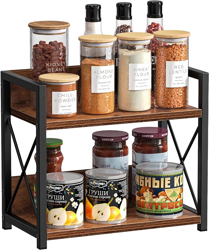 Giikin Countertop Shelf Organizer, 2 Tier Kitchen Spice Rack for Countertop, Wood Coffee Counter Shelf Organizer for Home (Brown, S)-NeatNest