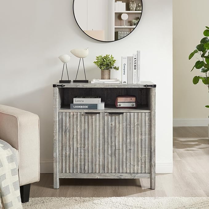 32 Inch Fluted Sideboard Buffet Cabinet with Storage, Modern Farmhouse Accent Credenza with Adjustable Shelves, Coffee Wine Bar Organizer for Kitchen, Entryway, Living Room (Grey)