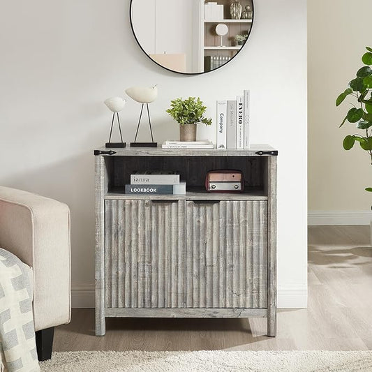 32 Inch Fluted Sideboard Buffet Cabinet with Storage, Modern Farmhouse Accent Credenza with Adjustable Shelves, Coffee Wine Bar Organizer for Kitchen, Entryway, Living Room (Grey)