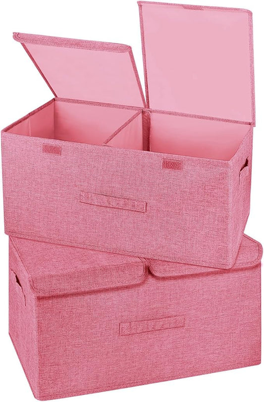 2 Pack Storage Boxes with Lids and Handles, Collapsible Linen Storage Bins Organizer Containers Baskets Cube with Removable Divider for Home Bedroom Closet Office (Pink, Large)-NeatNest