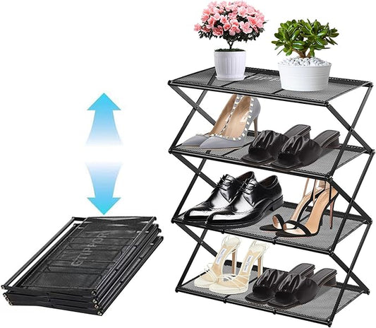 Shoe Rack for Entryway 4 Tier Foldable Shoe Rack Without Assembly Collapsible Metal Shoe Organizer Folding Shoe Storage Rack for Door, Living Room, Black-NeatNest