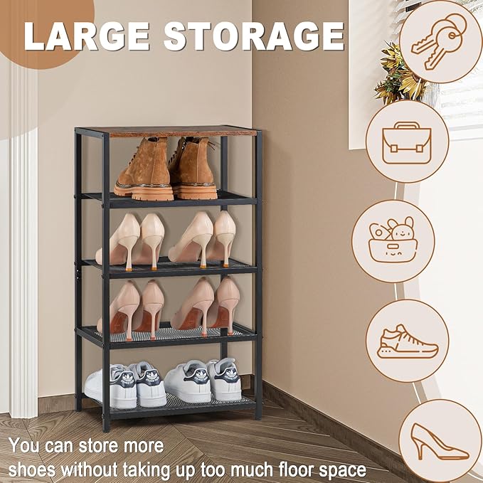 Shoe Rack, 5-Tier Narrow Shoe Shelf with Dense Metal Mesh, Durable Industrial Freestanding Shoe Rack for Front Door Entrance, Hallway, Entryway, Living Room (29.92" H Rustic)-NeatNest