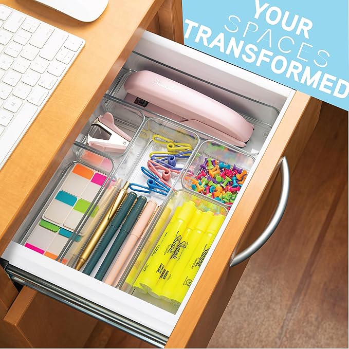 Six Pieces. Plastic Clear Drawer Organizers for Bathroom, Kitchen, Bedroom, Office. Organizer Bins, Storage Trays. Heavy Duty, Stackable, Non-Slip. 3 Sizes-NeatNest