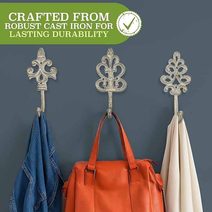 3 Pack Fleur De Lis Hooks – Vintage Cast Iron Wall Mount for Coats, Bags and Towels – Rustic French Country Decor, Heavy Duty & Easy to Install – 8”