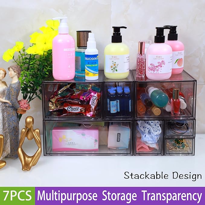 7 Pack Acrylic Makeup Organizer Clear Stackable Storage Drawers Tall Acrylic Bathroom Makeup Organizer for Cosmetic,Beauty Supplies,Ideal for Vanity, Undersink,Cabinet,Desk Home Organization-NeatNest