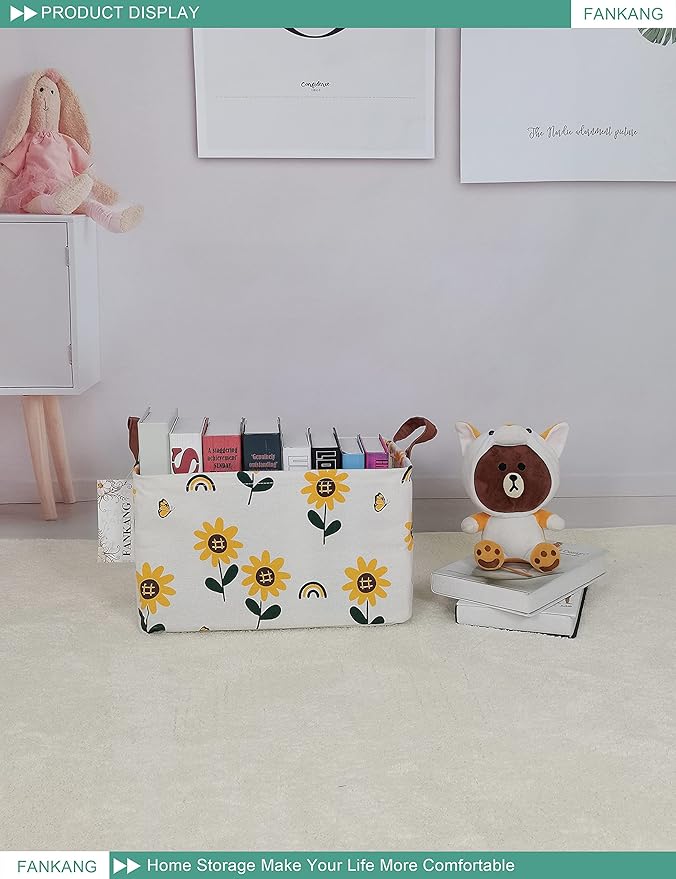 FANKANG Storage Bins, Nursery Hamper Canvas Laundry Basket Foldable with Waterproof PE Coating Large Storage Baskets for Kids Boys and Girls, Office, Bedroom, Clothes,Toys(Rec-Sunflower）