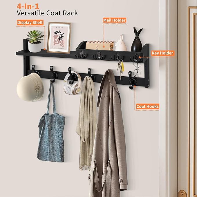 Coat Rack Wall Mount with Shelf, 27.5" Entryway Wall Hanging Shelf, Coat and Key Hanger with 10 Dual Hooks, Mail Organizer and Key Holder Hat Rack for Wall, Wood Coat Hooks with Storage-NeatNest