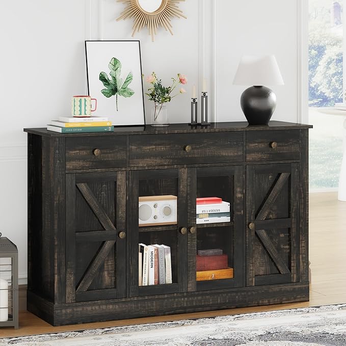 4 EVER WINNER Farmhouse Coffee Bar Cabinet, 55" Buffet Cabinet with Storage, Buffets & Sideboards with Drawers and Glass Doors for Kitchen, Living Room, Rustic Oak-NeatNest