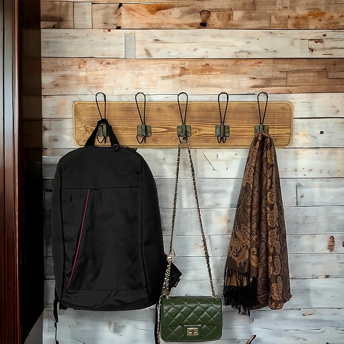 24” Wooden Wall-Mount Coat Rack, Burnt Pine Rustic Pine with 5 Storage Hooks, Farmhouse Design for Jackets, Hats, Scarves, Umbrellas, Bags, Keys, Leashes, Towel, Entryway, Bedroom, Bathroom