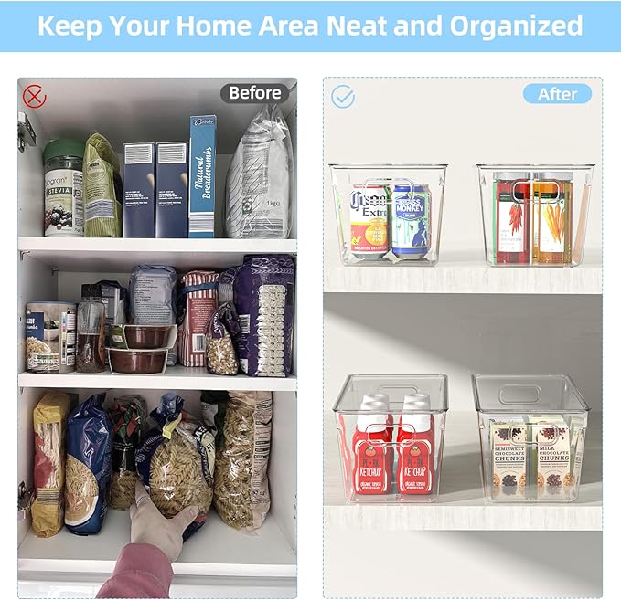 4 Pack Plastic Storage Bins with Lids, Clear Stackable Organizer with Handle, Kitchen Pantry Organizers and Storage, Perfect for Pantry, Refrigerator, Fridge, Bathroom, Cabinet, Closet, Kitchen-NeatNest