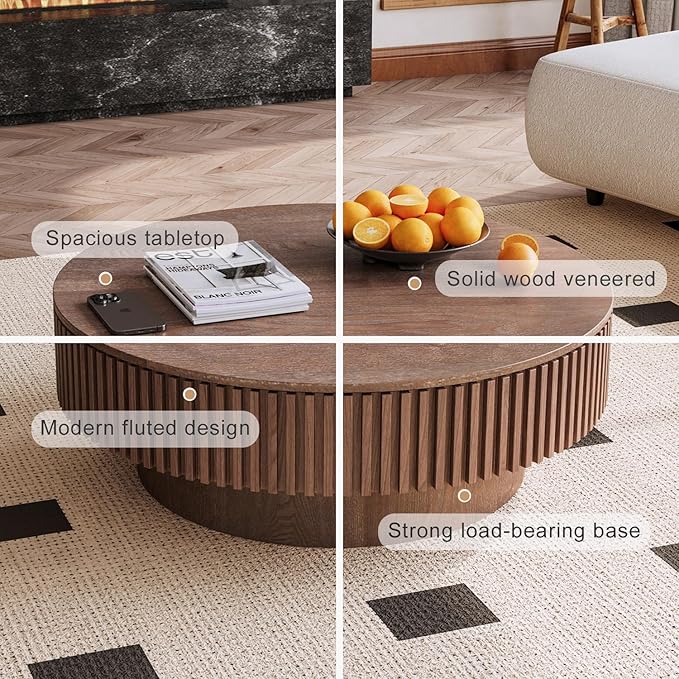 39'' Round Coffee Table with Storage, Modern Wooden Coffee Table with Solid Wood Veneered, Circle Center Table Accent Tea Table for Living Room Apartment Walnut