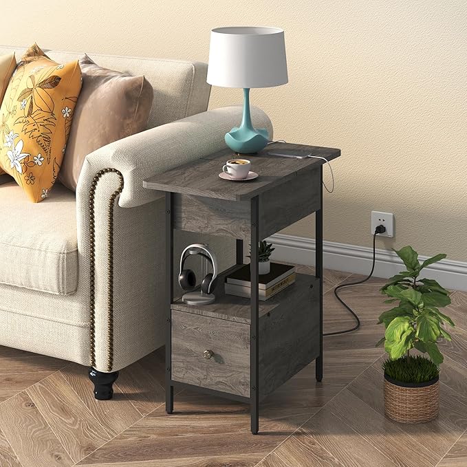 SOOWERY End Table with Charging Station, Narrow Side Table with Flip Top Cabinet and Fabric Drawer, Nightstand Bedside Tables for Small Spaces, Bedroom, Living Room, Dark Grey