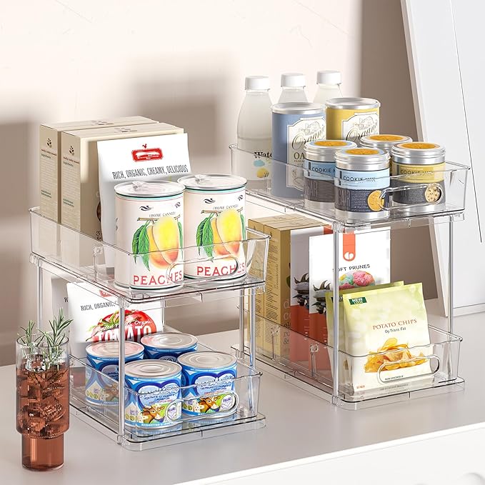 Delamu 2 Pack Snap-Lock Bathroom Under Sink Organizers and Storage, 2 Tier Pull Out Medicine Bathroom Cabinet Organizer, Multi-Purpose Kitchen Pantry Organization and Storage with Movable Divider-NeatNest