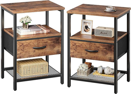 Huuger Nightstand Set of 2, Night Stand with Fabric Drawer, Mesh Shelf, Side Table with Storage, Fabric Drawer Dresser, Open Shelf, Metal Frame, Bedroom, Rustic Brown