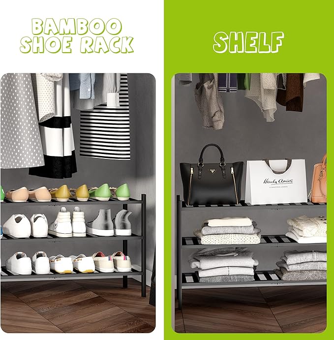 BMOSU 3-Tier Bamboo Extended Shoe Rack Premium Stackable Shoe Shelf Storage Organizer for Hallway Closet Living Room Entryway Organizer (Black Bamboo)-NeatNest