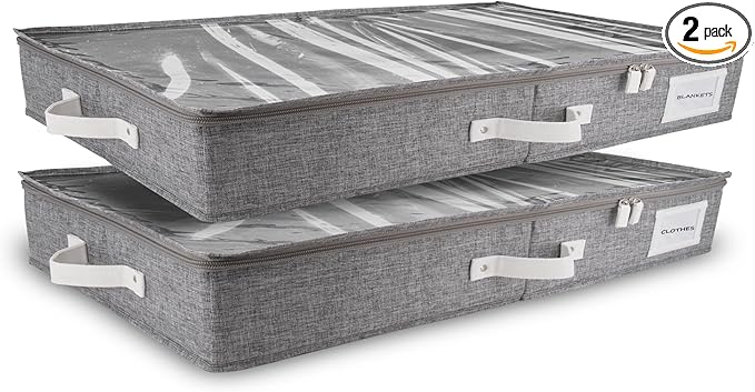 HOMELUX THEORY 2pc Low Profile Under Bed Storage Containers, Thin Under Couch Storage Organizer with Bins & Lids, Underbed Storage Box Ideal for Seasonal Clothes, Blankets, Fabric & Shoes (LightGray)-NeatNest
