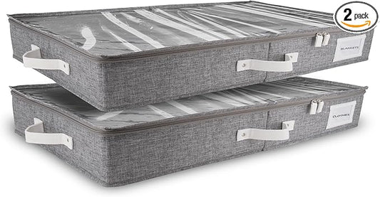 HOMELUX THEORY 2pc Low Profile Under Bed Storage Containers, Thin Under Couch Storage Organizer with Bins & Lids, Underbed Storage Box Ideal for Seasonal Clothes, Blankets, Fabric & Shoes (LightGray)-NeatNest