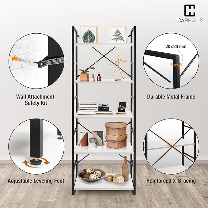 CAPHAUS 6 Tier Bookshelf, 24 Inch Width Free Standing Shelf, Bookcase Shelf Storage Organizer, Industrial Book Shelves for Home Office, Living Room, Kitchen, White Shelves & Metal Frame-NeatNest