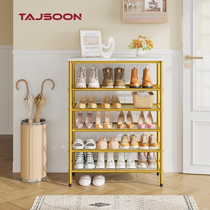 Tajsoon 6 Tier Shoe Rack Organizer for 20-24 Pairs of Shoes, Metal Mesh Shoe Shelf for Closet, Industrial Shoe Rack for Entryway Shoe Storage with X Shape Fixed Frame, White & Gold-NeatNest