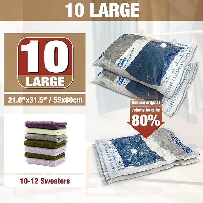 HIBAG Vacuum Storage Bags, 10 Large Space Saver Vacuum Seal Bags, Nylon & Polyethylene (PE) Material, Zipper Closure, Rectangular Shape, Durable, 10-Pound Load Capacity, For Bedding & Clothing-NeatNest