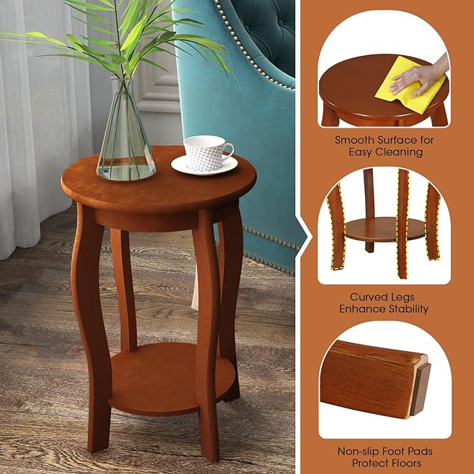 GOFLAME 2-Tier Round End Table, Mid-Century Modern Sofa Side Table with Storage Shelf, Solid Wood Legs, Compact Accent Table, Nightstand for Living Room, Bedroom, Small Space, Walnut