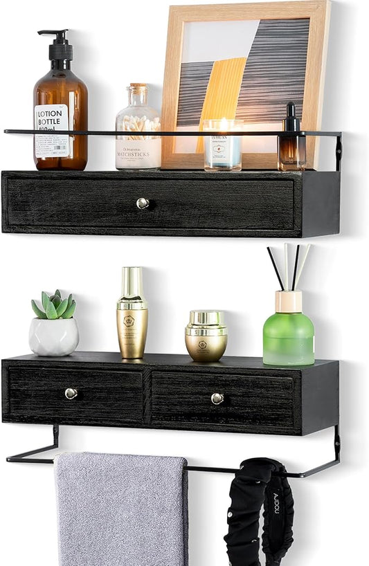Floating Shelves for Wall Storage, Wall Mounted Bathroom Shelf with Drawers Set of 2, Rustic Wood Wall Shelves for Bedroom, Living Room, Kitchen, Wall Decor, Plants, Books, Black-NeatNest