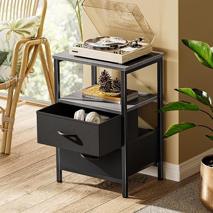 Huuger Night Stand with 2 Drawers, Bed Side Table with Open Shelf, Wooden Top, Nightstand for Bedroom, End Table for Small Space, Fabric Drawer, Grey