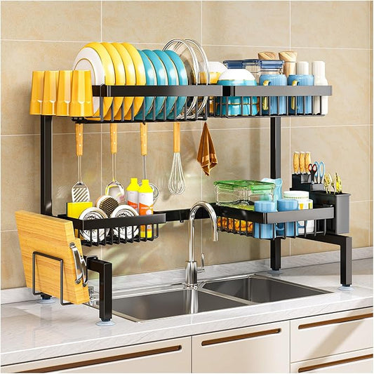 2 Tiers 4 Baskets (one More Than Others) Over The Sink Dish Drying Rack,fits All Sinks (from 24.8" to 35.4"),2-Tier Adjustable Sink Rack,Dishes Rack Kitchen Storage Organizer Space Saving