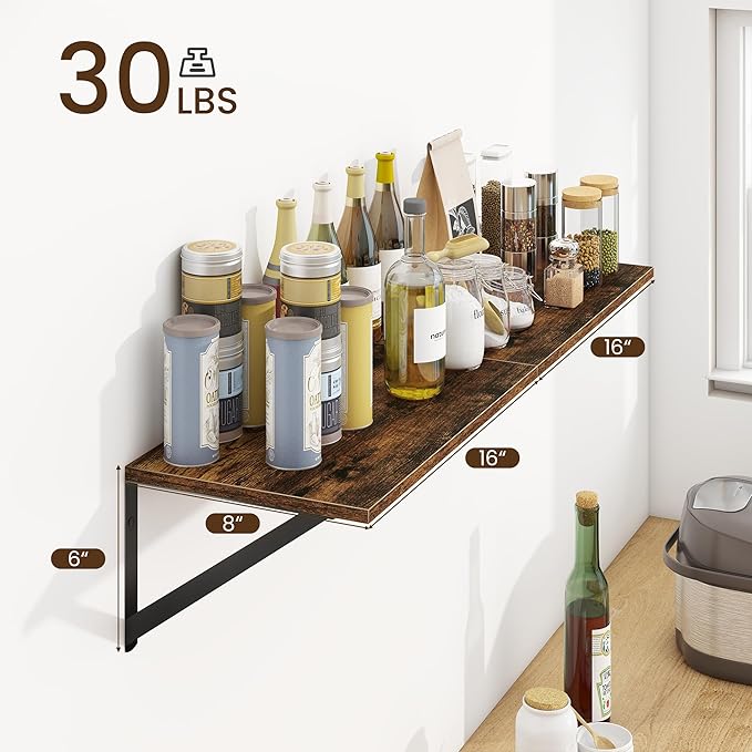 Fun Memories Deep Floating Shelves for Wall, 16W x 8D Wall Mounted Shelves Set of 2, Wide Display Ledge Shelf with Sturdy Metal Brackets for Living Room, Bathroom, Bedroom and Kitchen, Rustic Brown-NeatNest