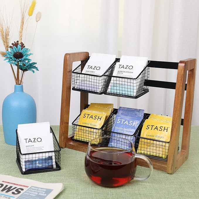HTB 2 Tier Tea Organizer for Tea Bags, Tea Bag Holder with Acacia Wood Stand and 6 Removable Metal Basket for Sugar Packets, Sweeteners, Creamers for Cabinet, Countertop or Wall-mounted-NeatNest