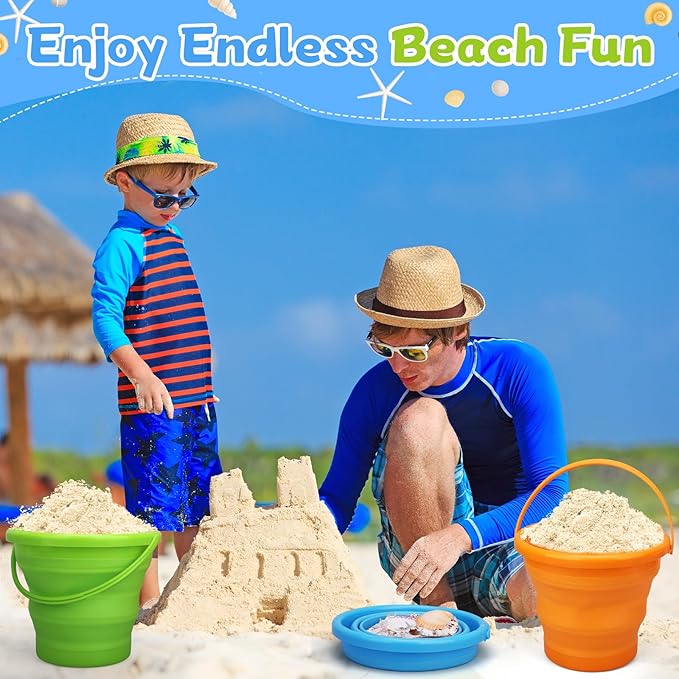 Foldable Beach Sand Toy Bucket for Kids Adults, Jumbo Collapsible Sandbox Bucket, Foldable Pail with Mesh Bag, Multi Use for Garden Beach, Camping, Easter Basket Gift, Fishing, Travelling 3PCS-NeatNest