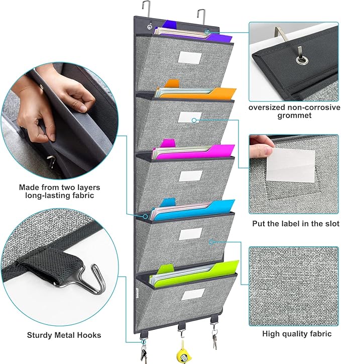 homyfort Over the Door Wall File Organizer, Hanging File Folders Organizer with 5 Large Pockets for Office and Back to School Supplies, Papers, Charts, Mails, Magazine Storage and Organization-NeatNest
