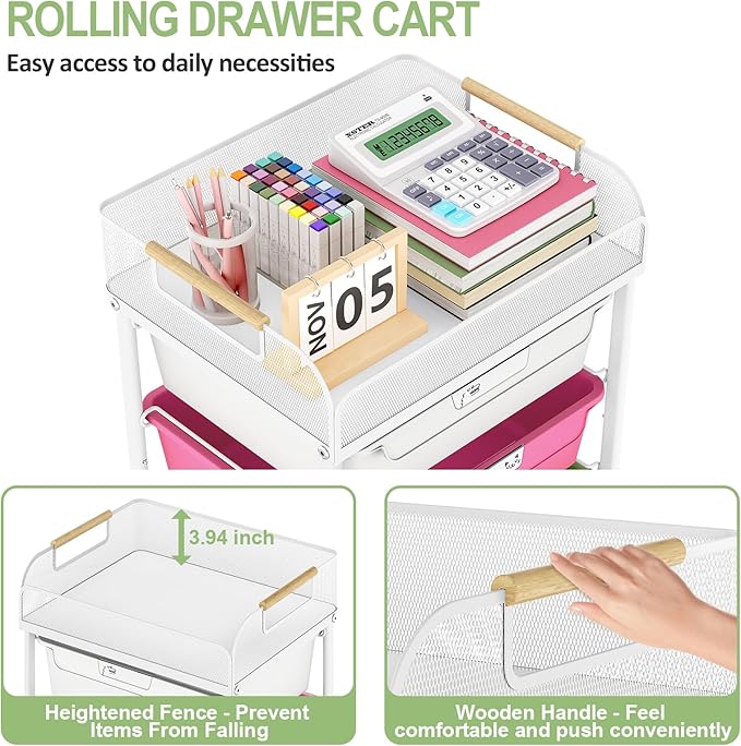 Utility Cart with Drawers,Rolling Cart with Drawers,Craft Cart,Storage Cart with 4 Drawers & DIY Lable for Office Kids Room Bedroom, Multicolor