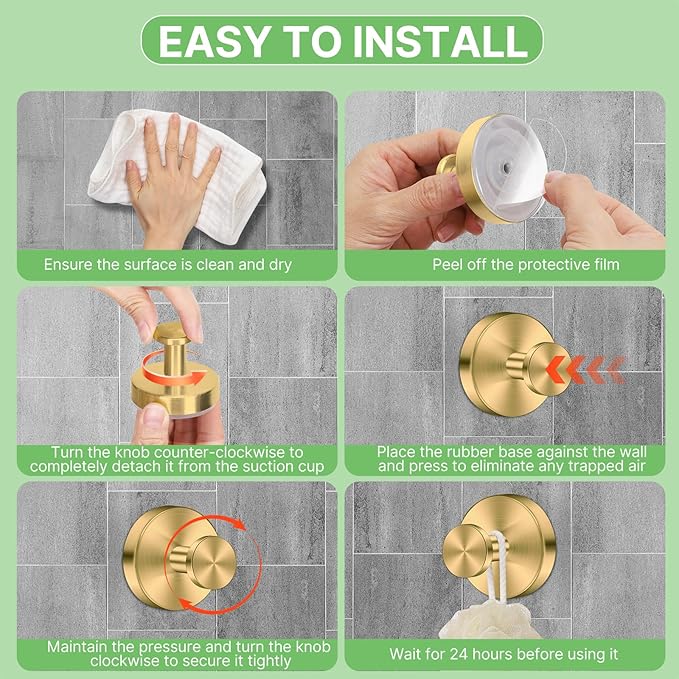 Gold Waterproof Suction Cup Hooks, 2-Pack Heavy Duty Stainless Steel No Drill Shower Hooks for Hanging Towels, Robes, Loofahs, Holder Holds Strong on Tile, Glass, Mirror, Wall, Bathroom Door