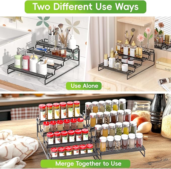 4 Tier Spice Rack Organizer for Inside Cabinet Expandable Display Riser Shelf Seasoning Organizer for Countertop Cupboard Pantry Adjustable Step Storage Holder with Protection Railing (Black, 2PC)-NeatNest