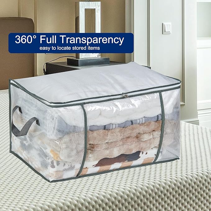 80L Clear Large Storage Bag, Clothes Storage Containers for Organizing Closet, Bedroom, Underbed, Comforters, Clothing, Blankets, Pillow, Foldable Organizer with Sturdy Handle and Zippers (4)-NeatNest