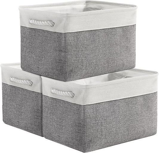 TheWarmHome Organization and Storage Basket for Organizing - 3 Pack 16x12x12 inch Cube Storage Bin Fabric Storage Cubes for Organizer Cloth Gift Toy Closet (White & Grey)-NeatNest