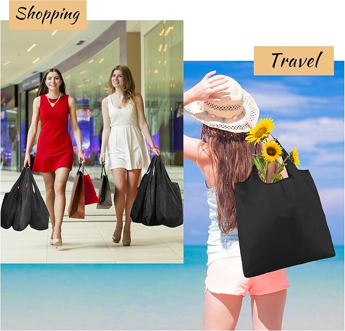 BeeGreen Black Tote Bag Shopping Bags for Groceries & Reusable Grocery Bag Heavy Duty, Large Tote Bag for Women, Foldable 6 Pack Gift Bags With Handles, Cute Cloth Washable for Holiday Travel & Bulk-NeatNest