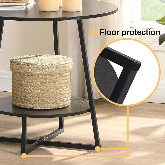 D&H FURNIMMT 20" Living Room Side Table for Small Spaces, 2 Tier Wood Top Round End Tables with Storage Shelf, Accent Sofa Table for Bedroom, Office, Sunroom, Balcony, Black-NeatNest