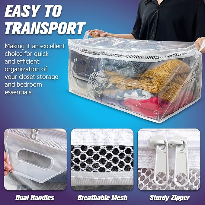 HIBAG 20 Gallon Large Storage Bag for Clothes, Zipper Clothing Storage Bag, Clear Organizer with Reinforced Handles, for Comforters Blankets Pillows Bedding (2 Pack)-NeatNest