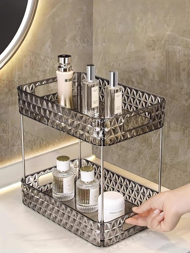 Makeup Organizer for Vanity,Bathroom Countertop Skincare Organizer,Makeup Counter Shelf Perfume Holder Rack,Cosmetic Display Case(Clear Black, 2 Tier)-NeatNest